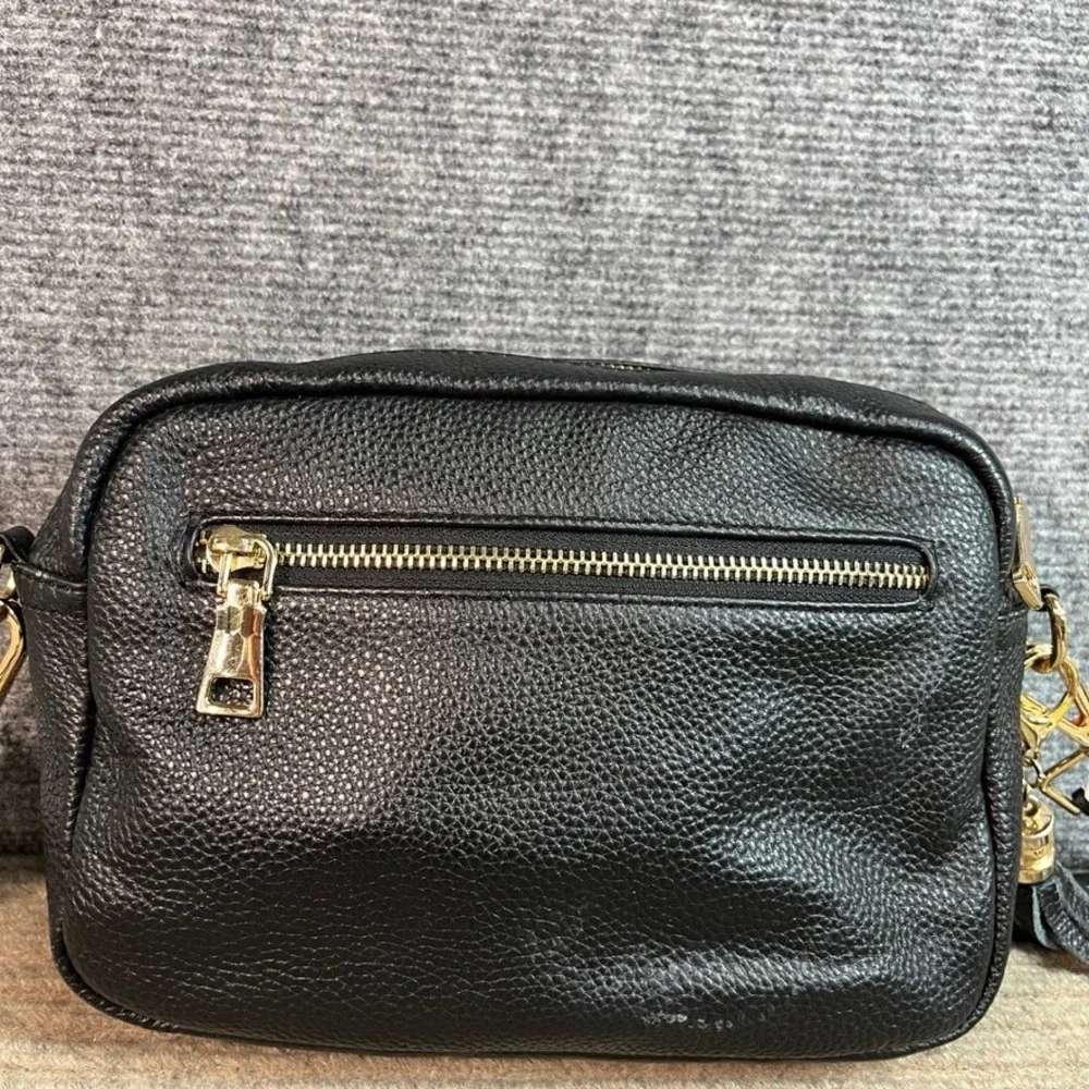 Pom Pom London Boutique Black Pebbled Leather Crossbody Camera Bag Guitar Strap